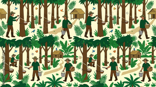 Men in green collecting sap from trees in a tropical forest environment with buckets and baskets