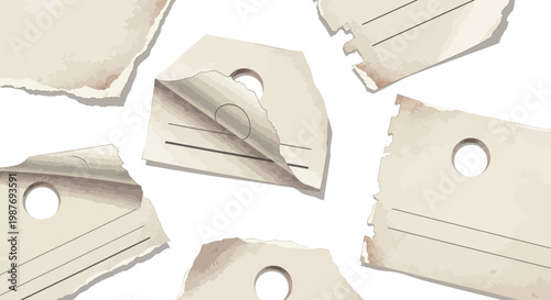 Torn paper tags with holes on white background
