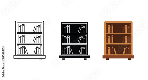 Elegant wooden bookshelf illustration set featuring linear black silhouette and colored graphic styles for interior design projects requiring organized storage furniture for reading and library spaces