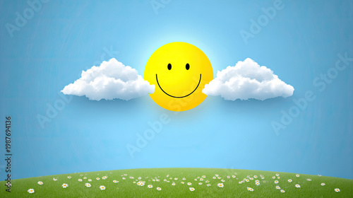 Smiling Sun with Clouds over Green Field Illustration.