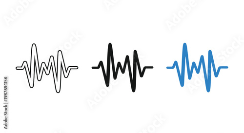 Set of three simple flat vector graphic illustrations depicting rhythmic sound waves or electronic audio pulse signals for modern user interface design and digital technology applications