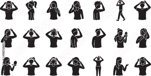 Human Hair Styling and Grooming Silhouette Icon Set.