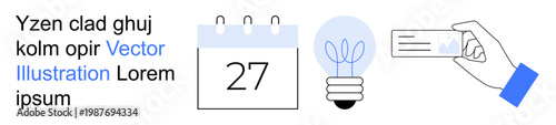 Time management, identification, creative planning, innovation, business solutions, and scheduling. A calendar date, lightbulb and hand holding a card. Time management and identification concept
