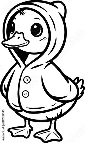 Chubby cartoon chick wearing a cozy hooded coat and smiling cheerfully