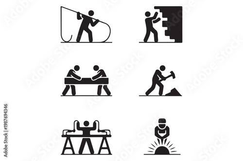 Black silhouettes depicting various manual labor professions and activities