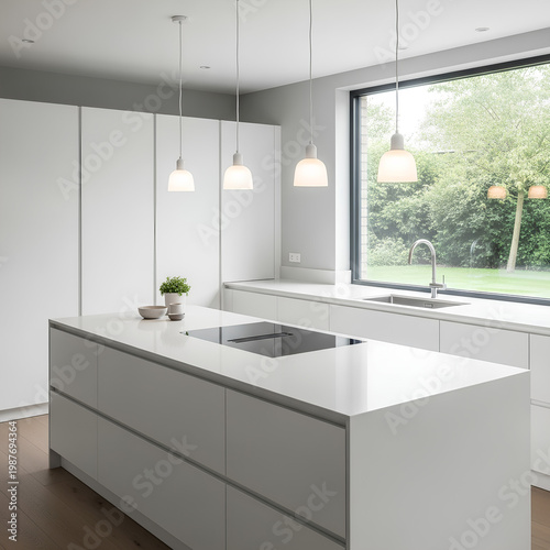 Modern minimalist kitchen island with integrated hob and sink.