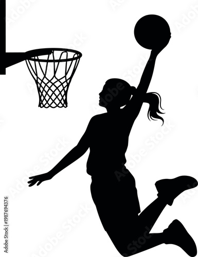 Dynamic basketball player dunking a ball through the hoop