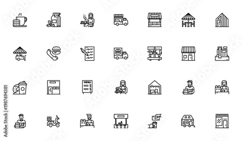 Coffee shop icon set. Vector collection featuring coffee break, delivery, barista, cafe, menu, payment, truck, market and more. Editable thin line icons.