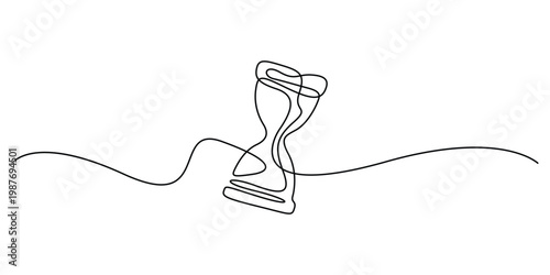 Continuous one line drawing of hourglass on white background, Minimalist single line art of sand glass timer for time management concept