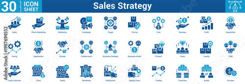 Sales Strategy Editable icon set vector illustration concept for business with icon of Sales, Direct Marketing, Marketing, Campaign, Target, Pricing, Cost, Revenue, Profit, Acquisition, Rising.