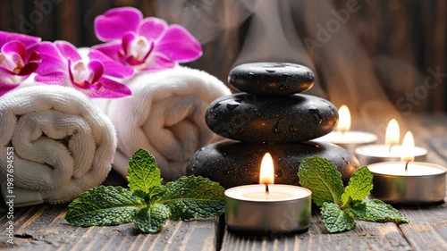 Zen stones with pink orchids and candles on wooden table