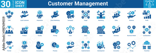 Customer Management Editable icon set vector illustration concept for business with icon of CRM, Loyal Customer, Acquisition, Direct Marketing, Campaign, Target, Marketing, Sales, Revenue, Profit.