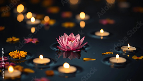 Displays candles and a lotus flower floating on water