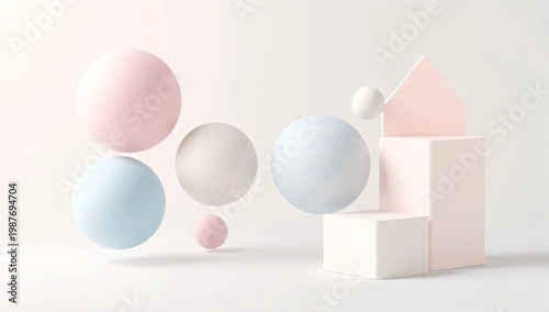Abstract 3D render featuring soft pastel spheres and geometric cubes floating against a pink background. 