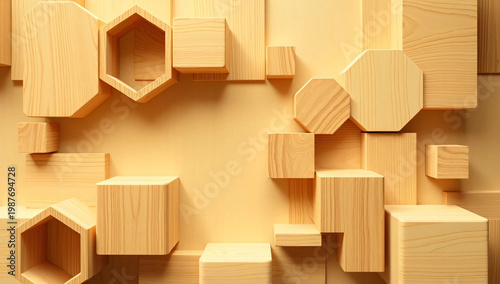 Displays an abstract arrangement of light-colored, natural wood blocks in various geometric shapes, including squares, hexagons, and octagons, creating a 3D textured surface. 