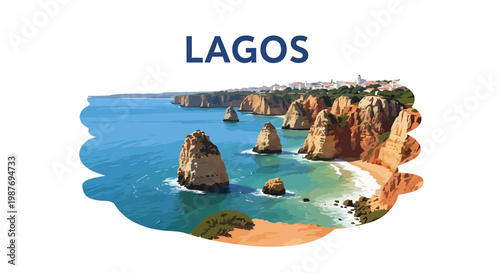 Lagos Portugal Coastal Cliffs Illustration Travel Poster