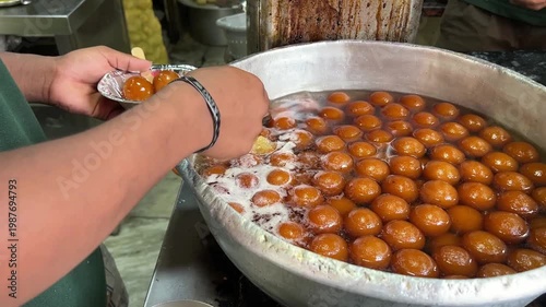 The ultimate Indian street food experience: Tasting sweet Gulab Jamun at a local halwai shop while golden Kachoris are prepared in the background.