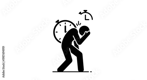 Stressed person carrying heavy clock representing time pressure vector