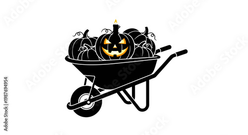 Wheelbarrow with Halloween Jack-O-Lantern Pumpkins Vector