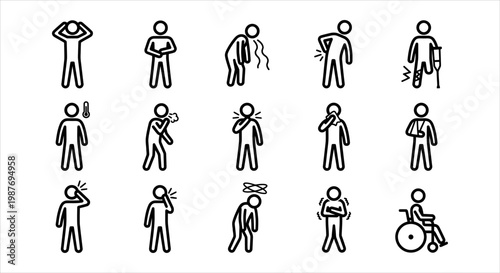 Comprehensive stick figure icon set displaying various human body pains, illnesses, and medical symptoms