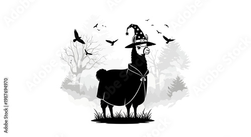 Wizard Llama Sorcerer in Misty Forest Vector Illustration
