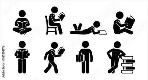 Stick Figure Icons Illustrating People Reading, Studying, and Learning