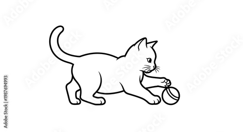 Playful Kitten Playing with Ball Line Art Vector Illustration