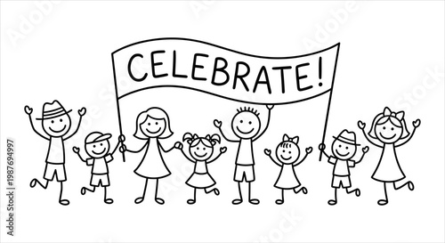 Happy stick figures celebrating together holding a banner that says Celebrate!