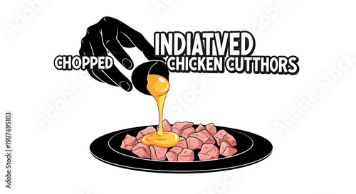 Hand pouring egg yolk onto chopped chicken cubes vector illustration