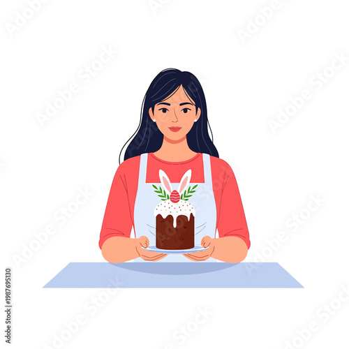 Woman Holding a Decorated Easter Cake Vector Illustration