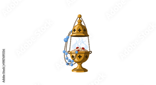Golden Religious Censer Illustration with Incense Smoke and Beads