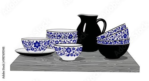 Blue and White Floral Ceramic Bowls and Black Jug on Wood Shelf
