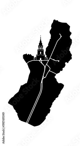 Silhouette map of Perm Krai with cathedral icon illustration