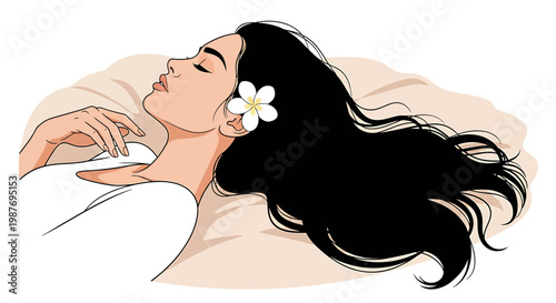 Beautiful Woman Sleeping with Plumeria Flower in Hair Illustration