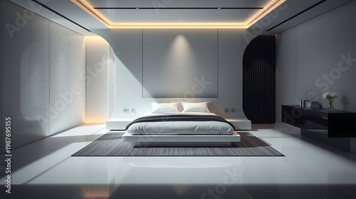 A sleek, minimalist bedroom in futuristic architecture design exudes a sense of simplicity and innovation. created by generative ai