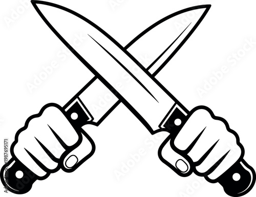 Two crossed hands gripping crossed knives in a confrontation stance