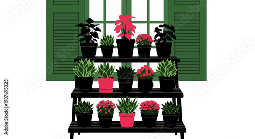 Houseplants on Tiered Wooden Shelf Illustration Near Window