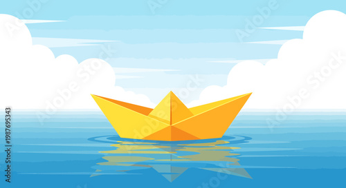 Yellow Paper Boat Floating on Blue Calm Sea Vector Illustration