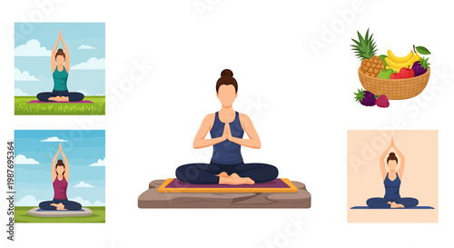 Yoga Meditation and Healthy Diet Vector Illustration Set