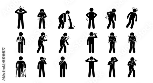 Diverse stick figure icons illustrating various human ailments and sickness symptoms