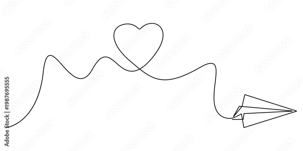 Fototapeta premium Continuous one line drawing of a paper plane with a heart shape. Minimalist single line vector illustration of love, travel, and romantic message concept