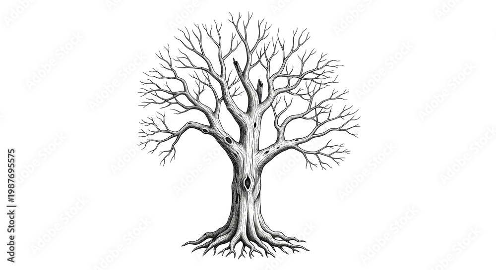 Obraz premium Detailed illustration of a large, bare deciduous tree with extensive branches and roots