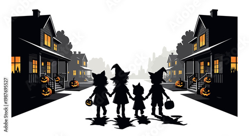 Children Silhouette Trick or Treating on Halloween Night Illustration