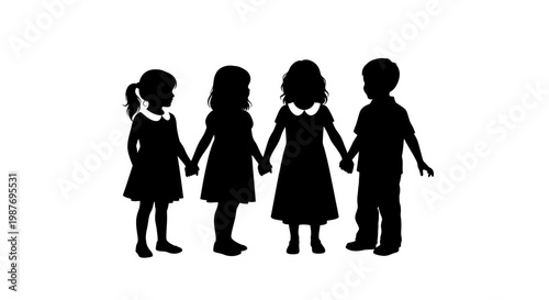 Vector Silhouette of Four Children Holding Hands Together