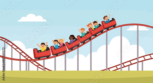 Excited diverse children riding a red rollercoaster at a theme park