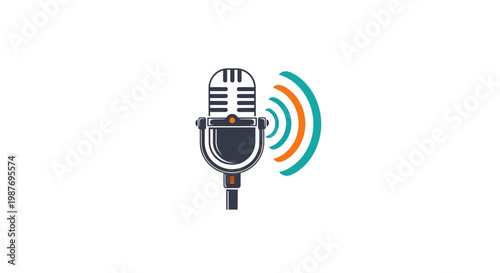 Vintage podcast microphone icon with digital sound waves on white background