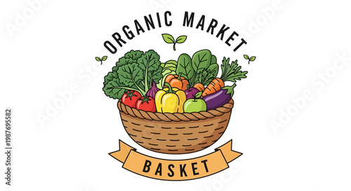 Organic market basket illustration with fresh vegetables isolated on white