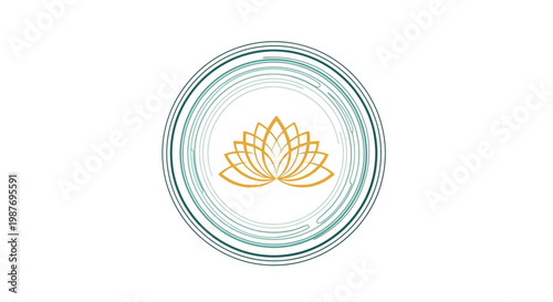 Stylized gold lotus flower inside concentric circular lines on a white background
