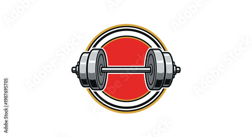 Barbell weightlifting equipment illustration in a red circle emblem.