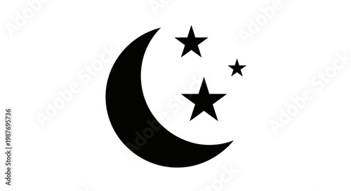 Black crescent moon and stars icon isolated on white background.